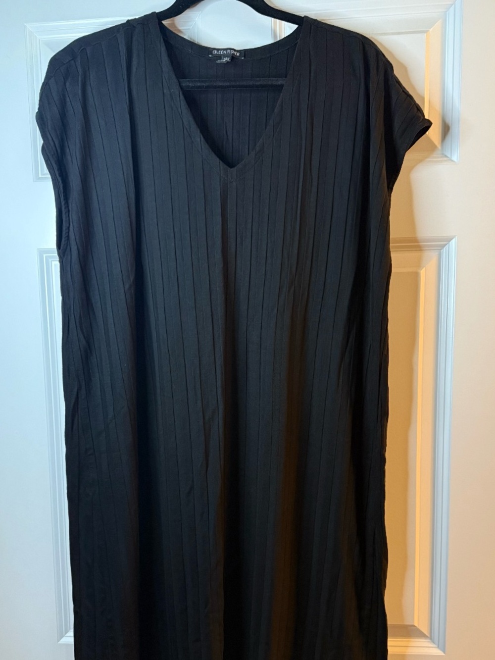 Eileen Fisher Black Wide-Rib  Stretch V-Neck Dresss with Cap Sleeves Size XL